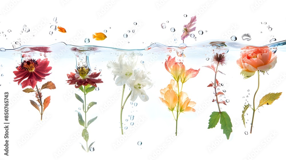 set of underwater flower arrangements, featuring submerged blooms and floating leaves, isolated on transparent background