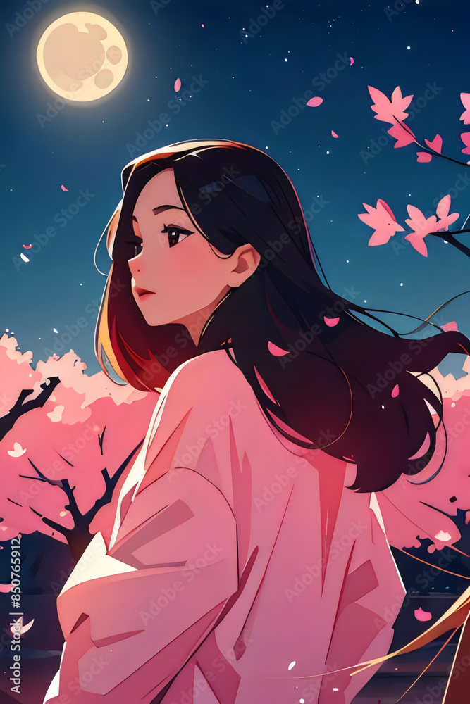 girl in a pink kimono is looking at the sky