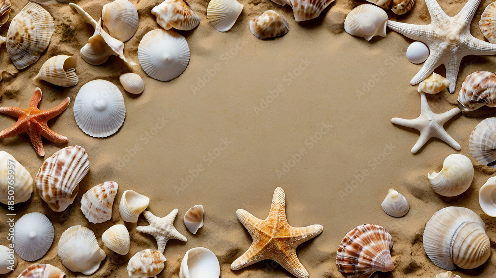Fototapeta premium A sandy background adorned with sea shells providing ample room for a copy space image. Top views background Ai generative.