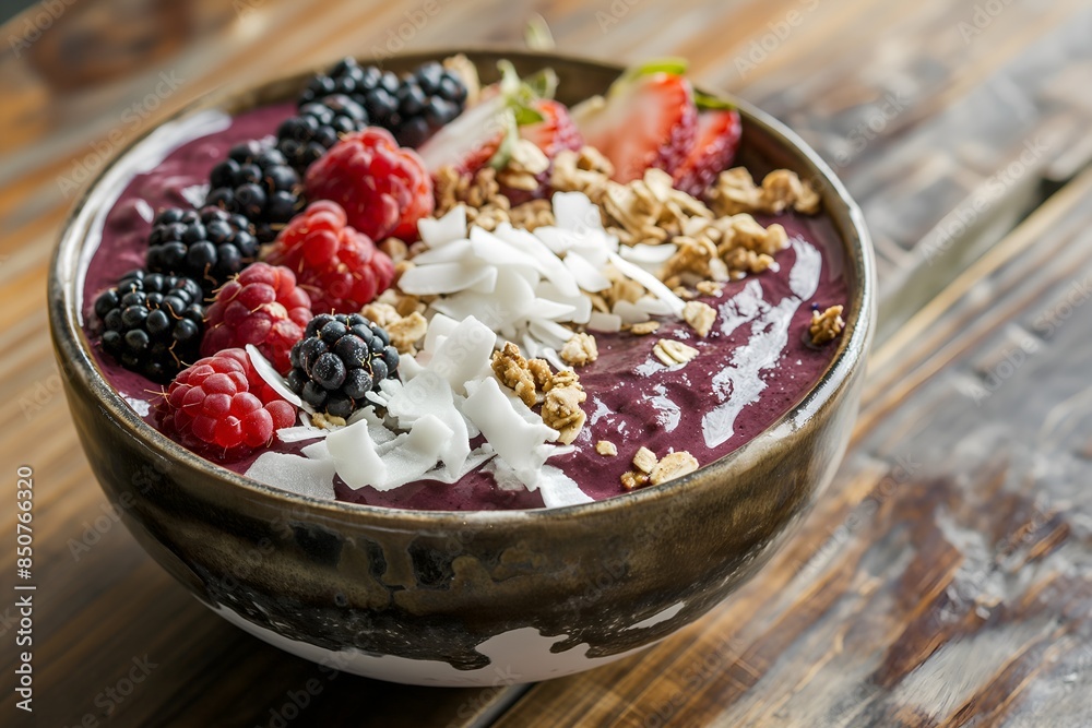 A Vibrant Acai Bowl Topped With Granola, Fresh Berries, And Coconut Flakes Served In A Bowl In Home Interior, Breakfast Photography, Food Menu Style Photo Image A Vibrant Acai Bowl Topped With Granola, Fresh Berries, And Coconut Flakes Served In A Bowl In Home Interior, Breakfast Photography, Food Menu Style Photo Image