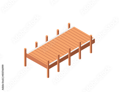 Seashore wooden pier with life-buoy on sunny day. Vector illustration.