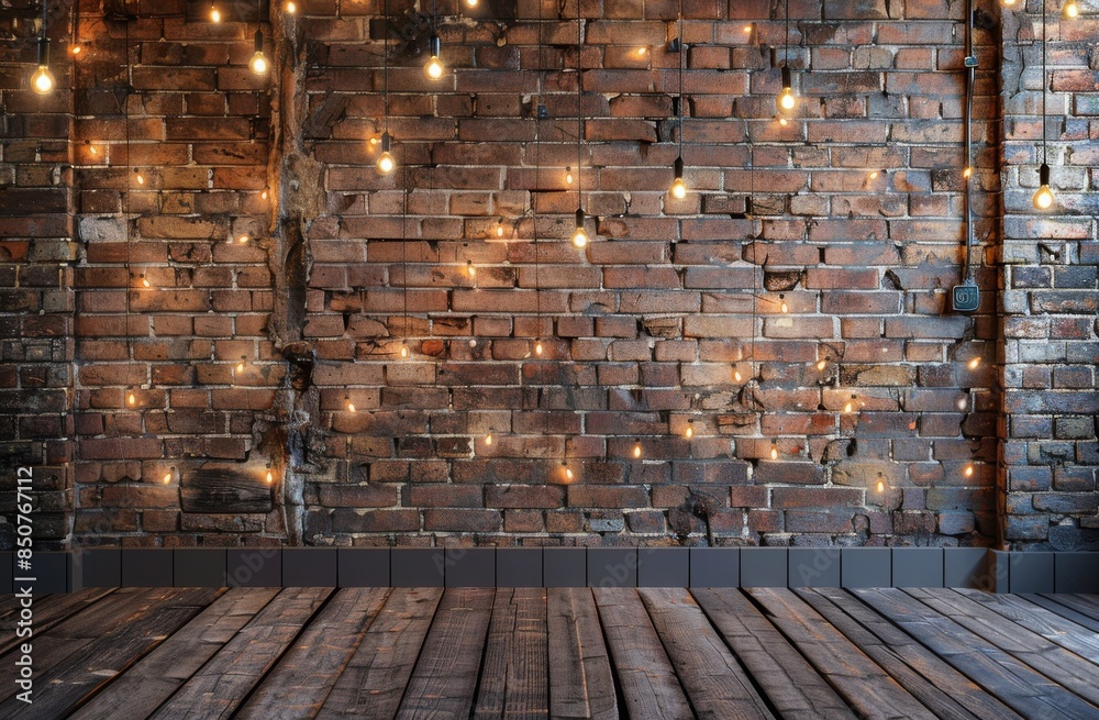 Brick Wall With String Lights and Wooden Floor Brick Wall With String Lights and Wooden Floor