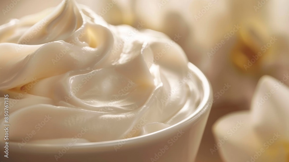 Close-up of a bowl filled with smooth, creamy whipped cream, perfect for desserts or toppings. Elegant and appetizing visual with soft focus background. Close-up of a bowl filled with smooth, creamy whipped cream, perfect for desserts or toppings. Elegant and appetizing visual with soft focus background.
