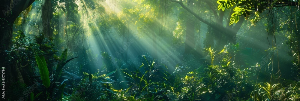 Obraz premium Sunbeams in a Lush Rainforest