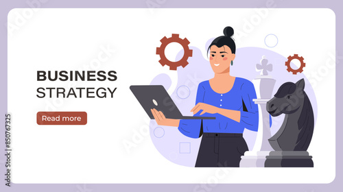 Business strategy poster. Woman with laptop stands near chess piece. Planning and business forecasting. Hardworking businesswoman. Cartoon flat vector illustration isolated on violet background