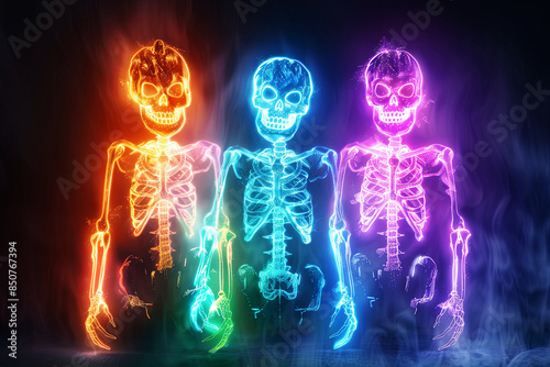 Bright neon skeletons dancing on a dark blue background, fluorescent ghosts idea for a Day of the Dead card photo