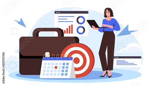 Business woman concept. Businesswoman stands near briefcase and reads list of goals. Motivation and leadership. Entrepreneur with calendar. Time management. Cartoon flat vector illustration
