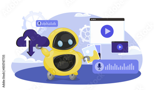 Cloud robotics service concept. Virtual assistant and chat bot. Artificial intelligence and machine learning. AI robot with files. Cartoon flat vector illustration isolated on white background