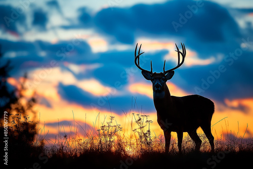 Silhouette of deer against sunset sky at dawn, nature photography