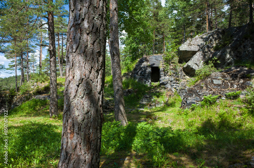 Abandoned Fortification Parsetjärns redoubt in forest of Dalsland, Sweden, Defense system that was built in rock and concrete along the Norwegian border during World War II, Entrance to Command center photo