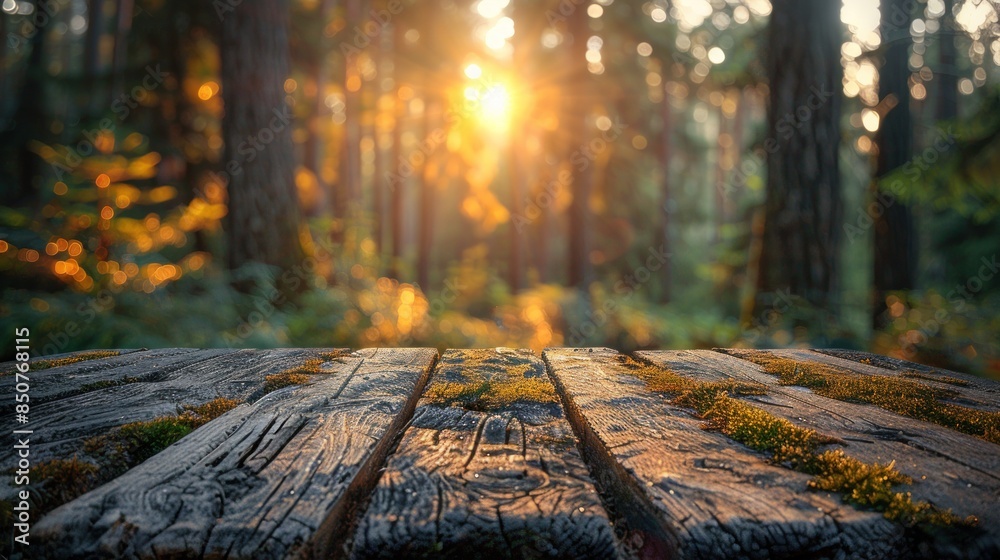 Wooden Table Top in a Sunlit Forest