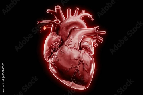 Anatomical heart with glossy, UV-ink highlighted veins and arteries, blending realistic detail with futuristic illumination.