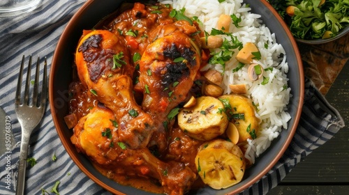 Congolese national dish Poulet Moambe chicken palm nut sauce rice plantains