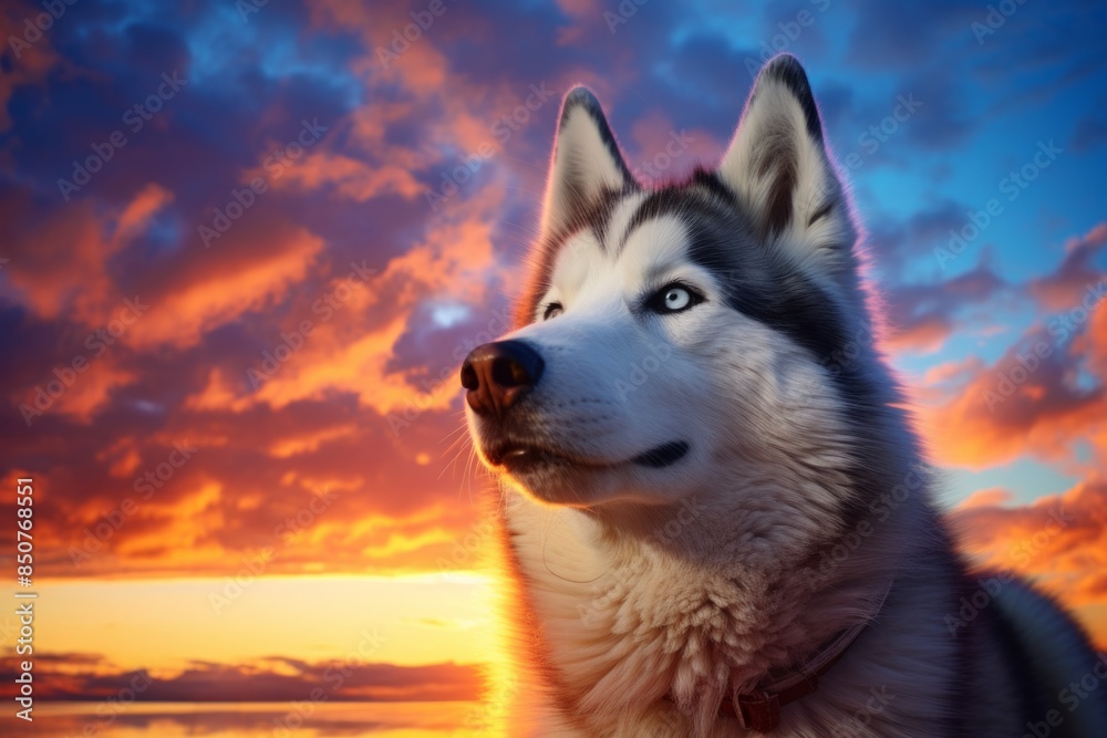 Fototapeta premium Portrait of a funny siberian husky in front of vibrant sunset horizon