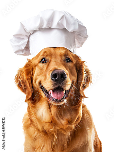 Cute dog Golden retriever Chef with costume ready to cooking for dinner isolated on white background PNG photo