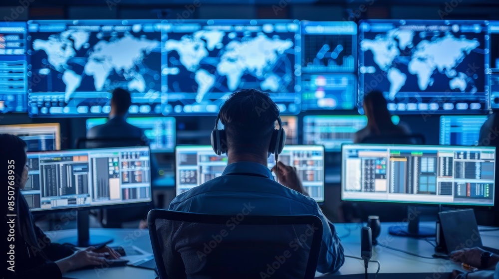 Back view of a computer security expert monitoring a network for threats and intrusions on multiple monitors with a world map displayed on one. Back view of a computer security expert monitoring a network for threats and intrusions on multiple monitors with a world map displayed on one.