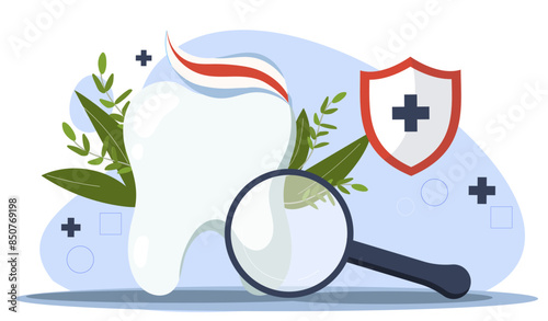 Concept of dentistry. Magnifying glass next to tooth. Dental treatment, cleanliness and hygiene. Dentists equipment. Healthcare and medicine. Cartoon flat vector illustration