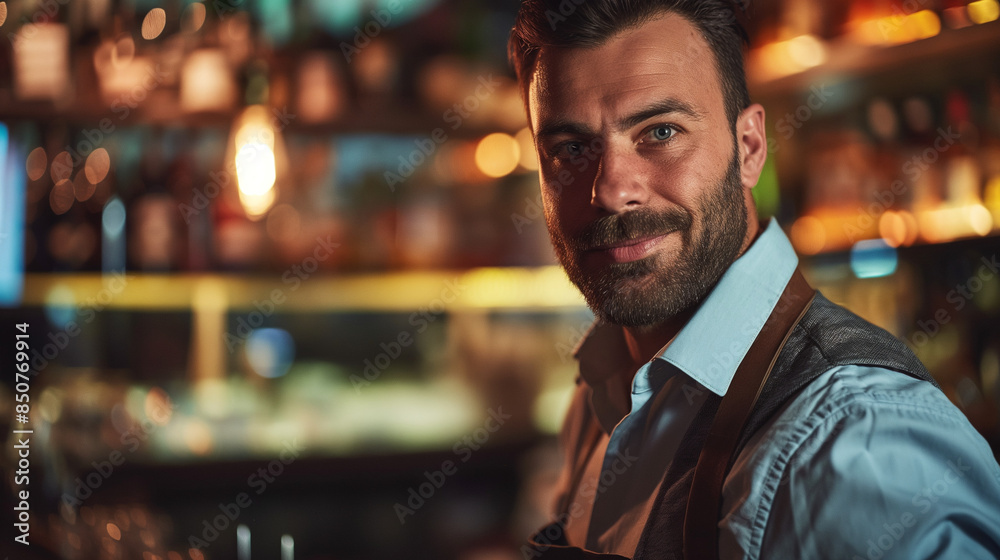 Handsome Bartender Smiling in Bar, Warm and Inviting Atmosphere Handsome Bartender Smiling in Bar, Warm and Inviting Atmosphere