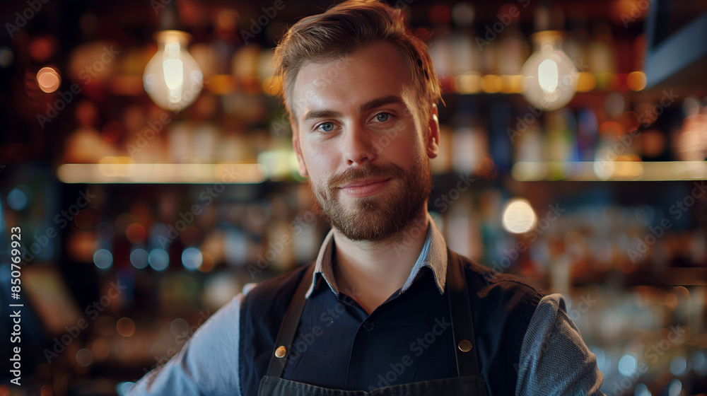 Fototapeta premium Handsome Bartender Smiling in Bar, Warm and Inviting Atmosphere