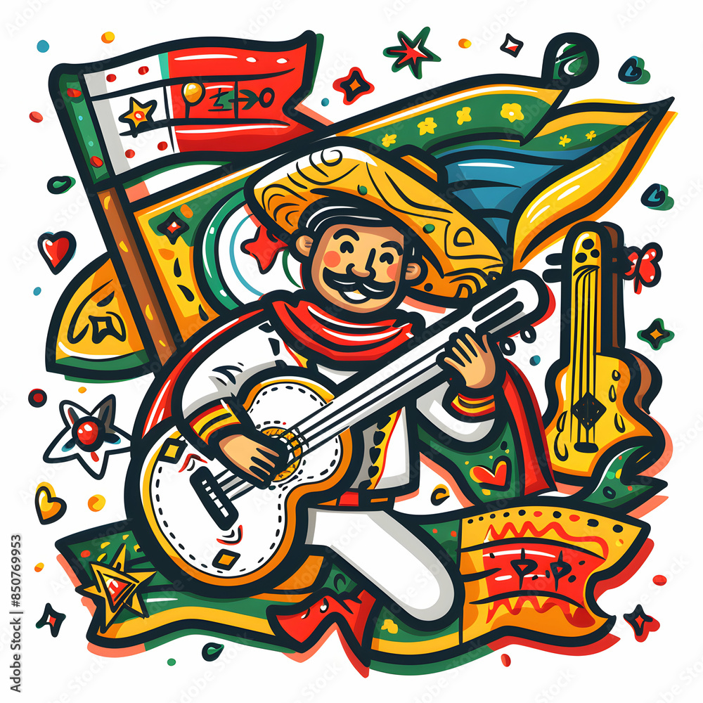 3D Flat Icon of Mexican Mariachi and Flag with Mariachi Instruments and Mexican Flag Elements   Musical Heritage and Independence Day Doodle Line Cartoon Style