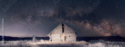 Full Milky Way arch panorama over an old west, frontier cabin photo