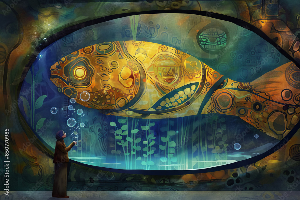Fototapeta premium Giant Fish Watching Aquarium Documentary as Human Blows Bubbles Gen AI