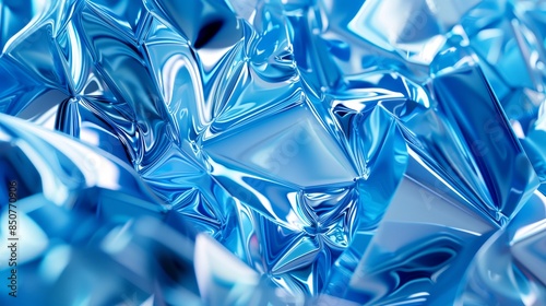 A background of blue metallic shapes, with glasslike reflections.