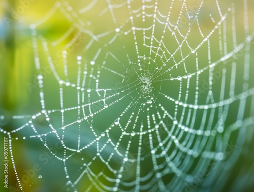 Dew-Covered Spiderweb Captured in the Early Morning Light, a Close-Up View of a Delicate and Fragile Natural Wonder
