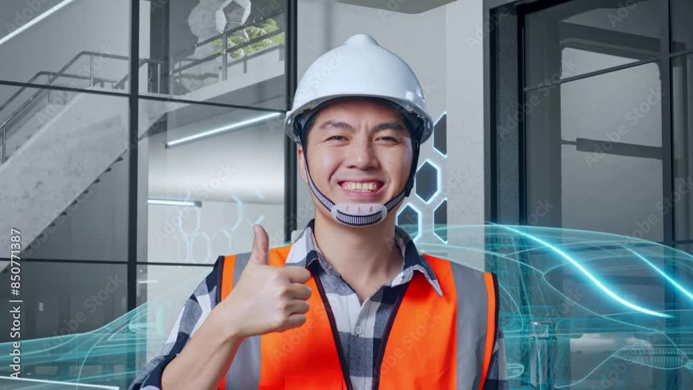 Close Up Of Asian Male Engineer With Safety Helmet Smiling And Showing Thumbs Up Gesture To The Camera While Standing With Concept of Electric Vehicle, High-tech Industrial Facility Close Up Of Asian Male Engineer With Safety Helmet Smiling And Showing Thumbs Up Gesture To The Camera While Standing With Concept of Electric Vehicle, High-tech Industrial Facility