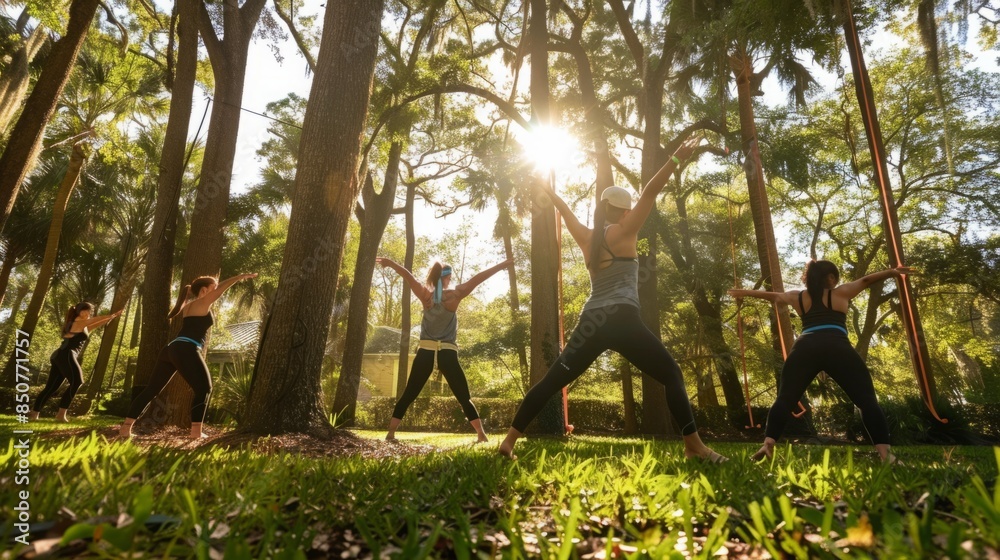 A group of women practice yoga in a lush forest setting, surrounded by tall trees and bathed in the warm sunlight. A group of women practice yoga in a lush forest setting, surrounded by tall trees and bathed in the warm sunlight.