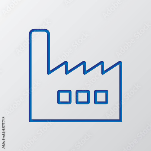 Factory simple icon. Flat design. Paper cut design. Cutted blue symbol with shadow. Gray background