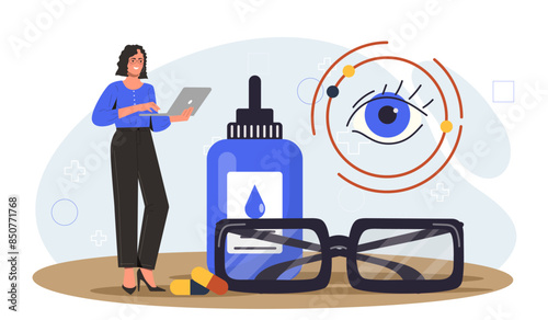 Woman with eye drops. Girl next to glasses and eye drops. Vision correction and retinal protection. Healthcare and medicine, treatment. Cartoon flat vector illustration isolated on white background