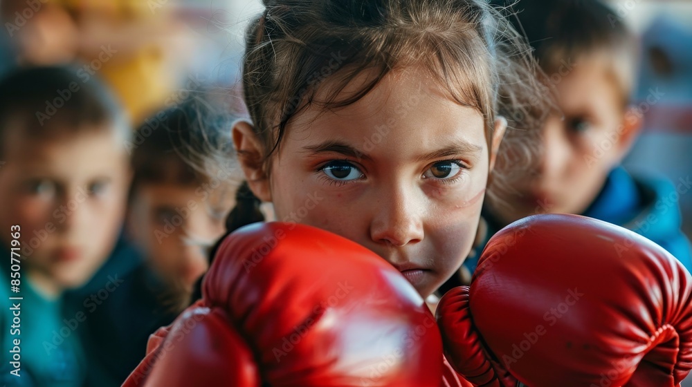 Fototapeta premium A determined young girl wearing red boxing gloves focuses before a training session, with children in the background.