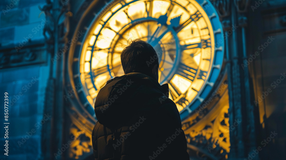 Fototapeta premium Back view of person in jacket with hood against big clock on background. Conceptual philosophy of transience of time. Urgency