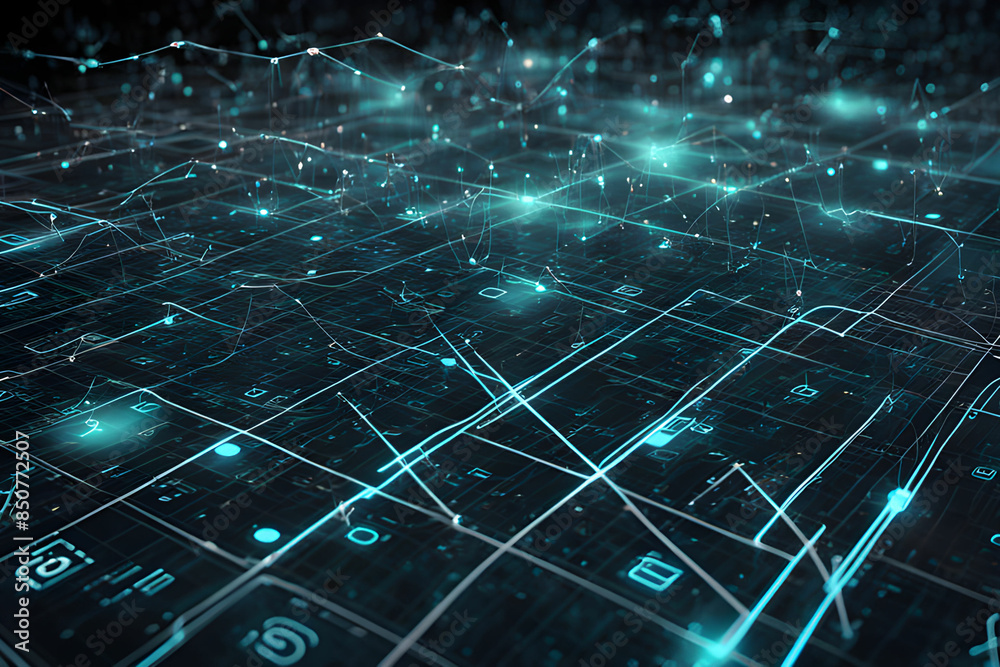 Obraz premium A futuristic representation of interconnected digital data points, symbolizing network communication and technological advancements in a digital landscape.