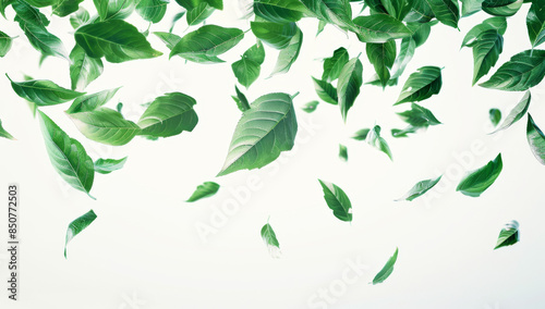 green leaves falling in the air, white background, photorealistic, hyperrealism, high resolution, high detail.