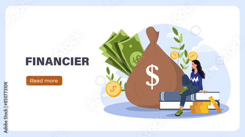 Financier woman poster. Young girl sits on stack of books next to bag of money. Financial literacy and passive income. Accountant services. Landing webpage design. Cartoon flat vector illustration