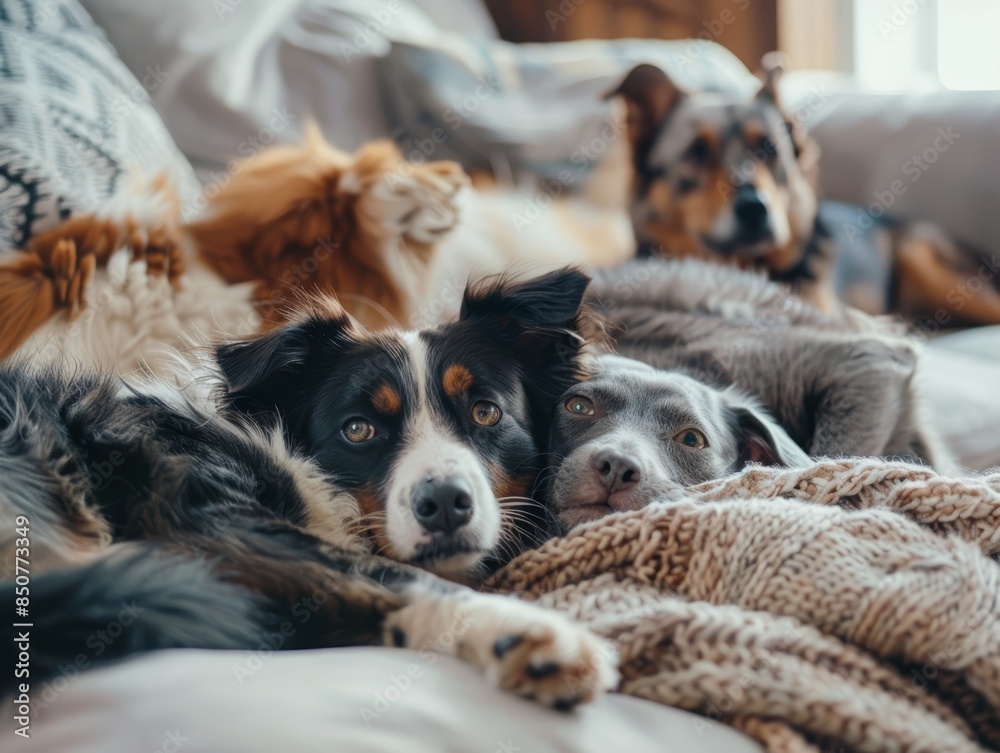 Obraz premium Three Dogs Relaxing on a Bed Together, One Black and White, One Grey, and One Brown and White