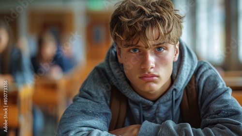 A young boy with blue eyes looks worried or contemplative in a school environment, peers blurred in back © svastix