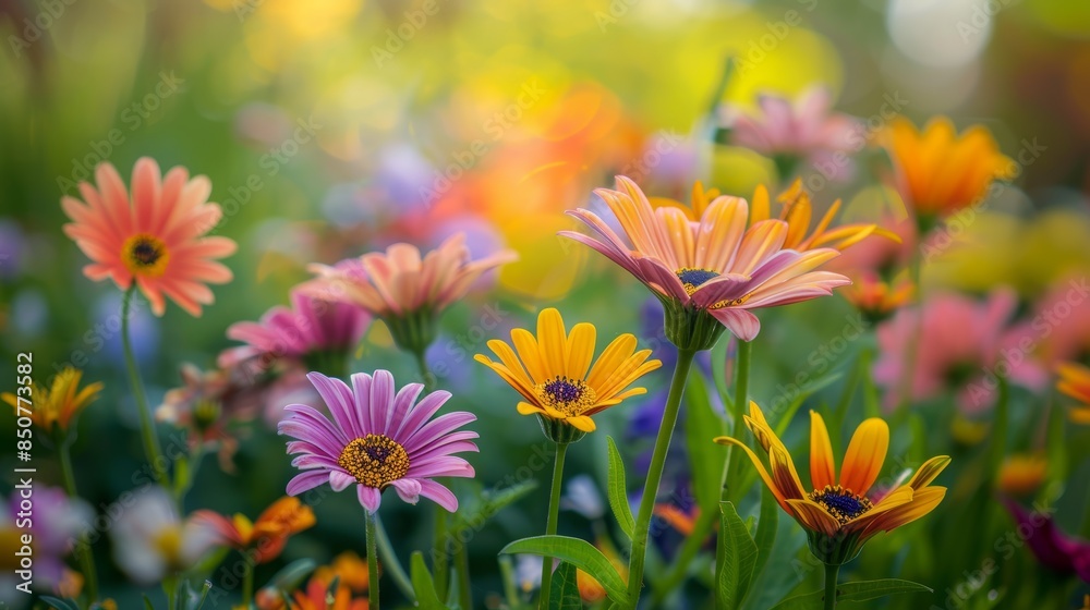Vibrant and Colorful Wildflowers in a Meadow Basking in the Warm Morning Sunlight Vibrant and Colorful Wildflowers in a Meadow Basking in the Warm Morning Sunlight