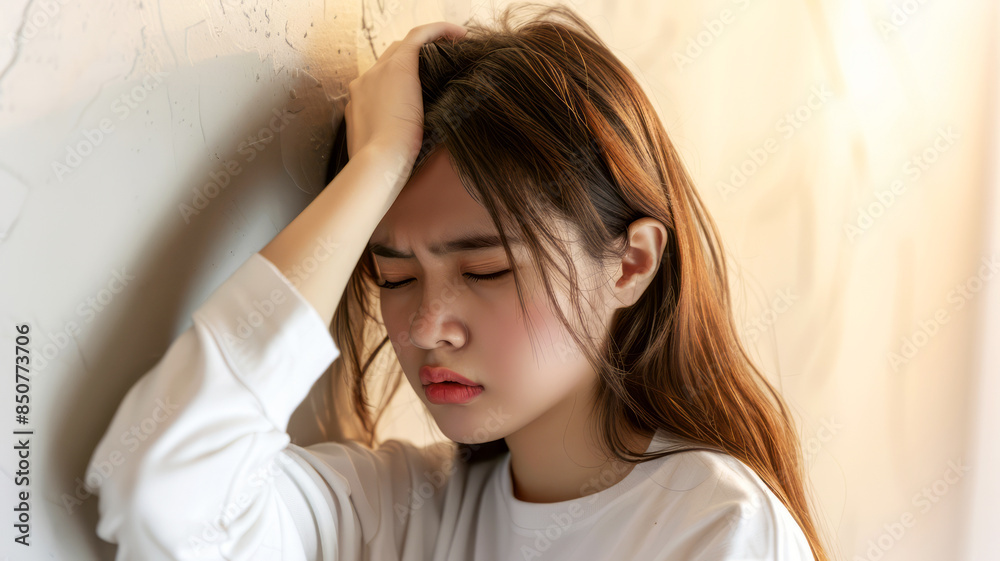 Dizzy Asian young woman with headache, leaning against the wall, showing discomfort and pain Dizzy Asian young woman with headache, leaning against the wall, showing discomfort and pain