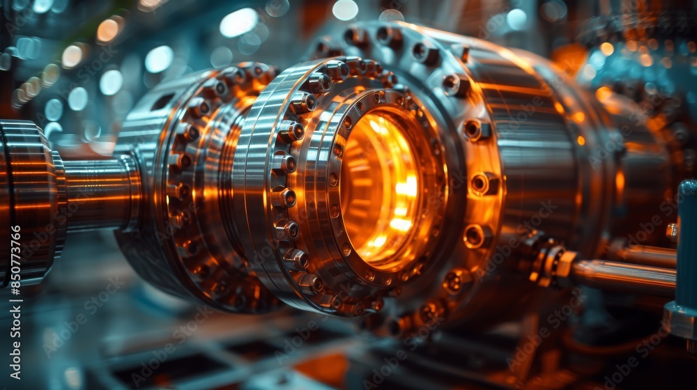 Fototapeta premium This image captures a close-up view of futuristic industrial machinery, highlighting technology and precision