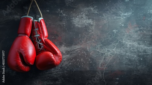 A pair of red boxing gloves hanging on a dark grungy wall background. Perfect for sports, fitness, and motivation themes.