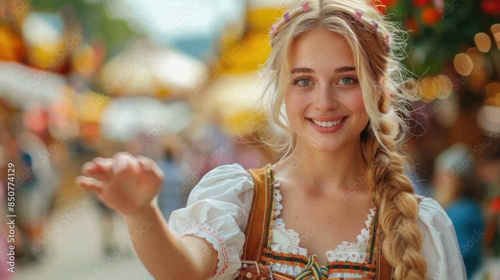 Fototapeta premium Lively Woman Inviting to Oktoberfest Parade