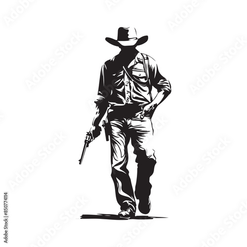 Silhouette of a cowboy with a gun, isolated on white background