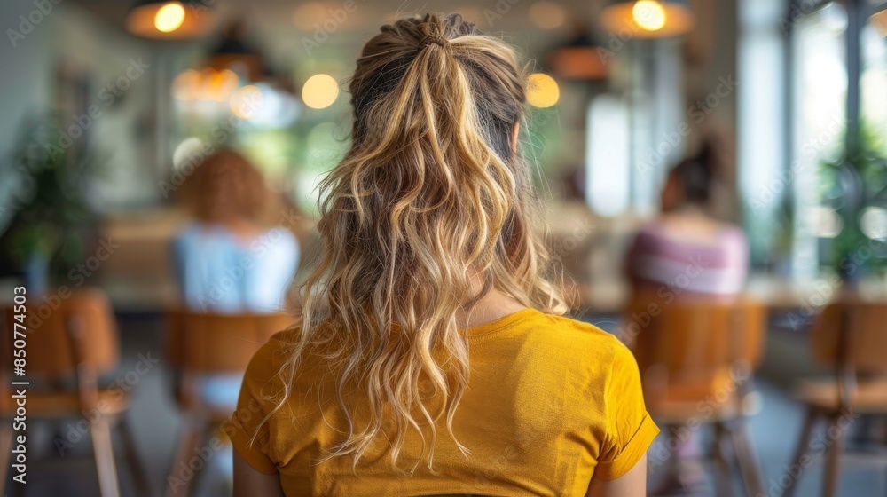 A young woman with blonde hair tied high is seen from the back, seated in a vibrant cafe setting A young woman with blonde hair tied high is seen from the back, seated in a vibrant cafe setting