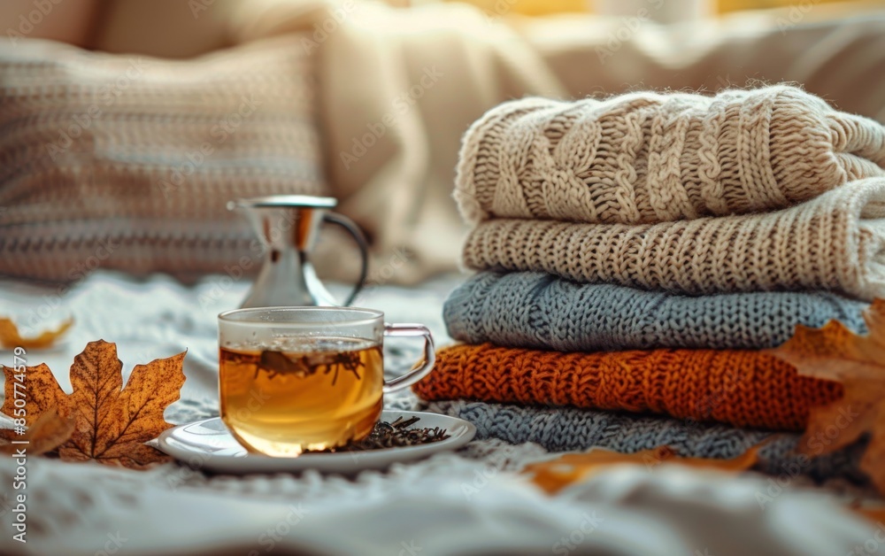 Warm Autumn Day With Tea and Knitted Sweaters Warm Autumn Day With Tea and Knitted Sweaters