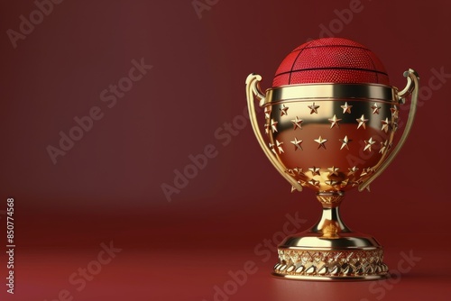 Golden Basketball Trophy With Stars on Red Background photo