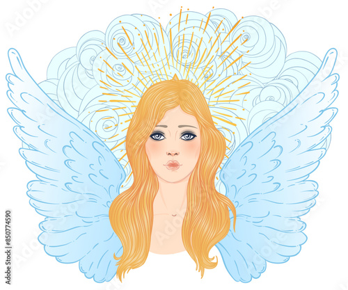 Angel girl with wings, cross, roses and halo. Isolated hand drawn vector illustration. Trendy Vintage style element. Spirituality, occultism, alchemy, magic.