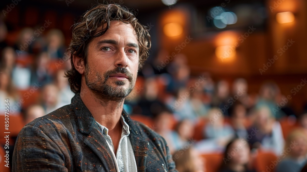 A well-dressed man in an auditorium appears attentive possibly during a conference or seminar A well-dressed man in an auditorium appears attentive possibly during a conference or seminar
